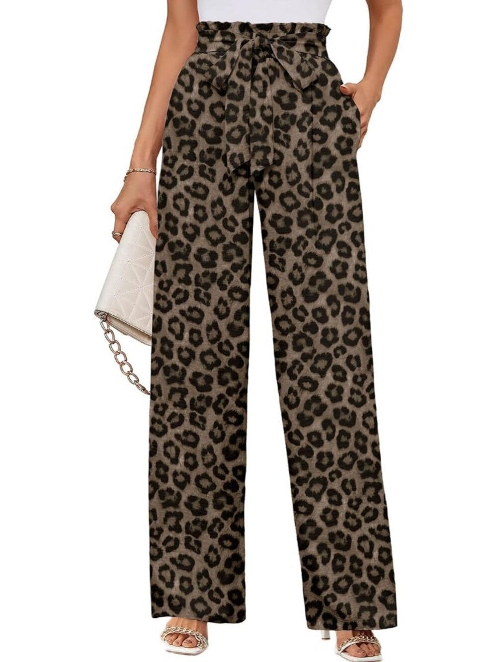 Women's Leopard Wide Leg Pant High Waisted Tie Knot Loose Comfy Casual Trouser